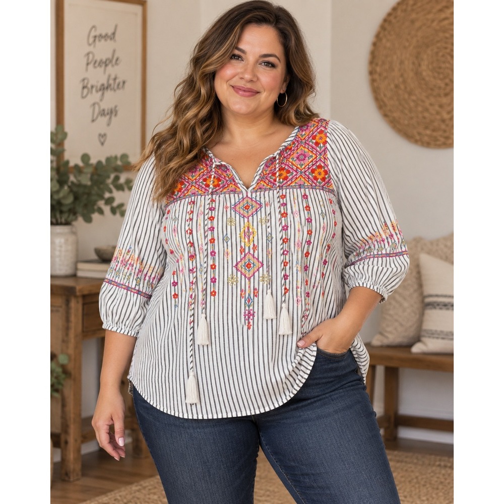 Savanna Jane Blouse White Navy Striped Embroidered Tassel Boho Top P18674 1X